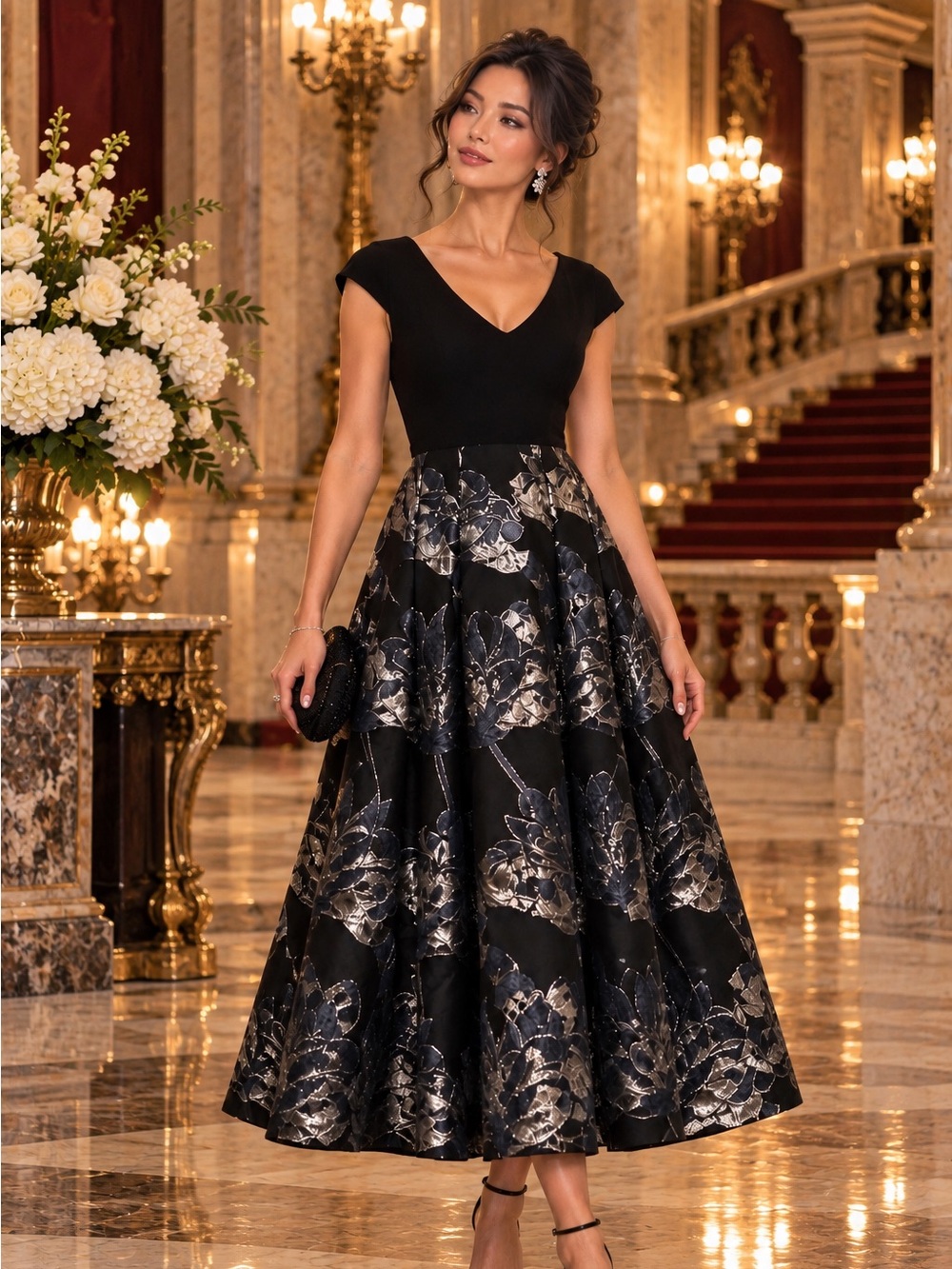 Theia Black & Silver Metallic Floral Evening Dress – Size S / US 4